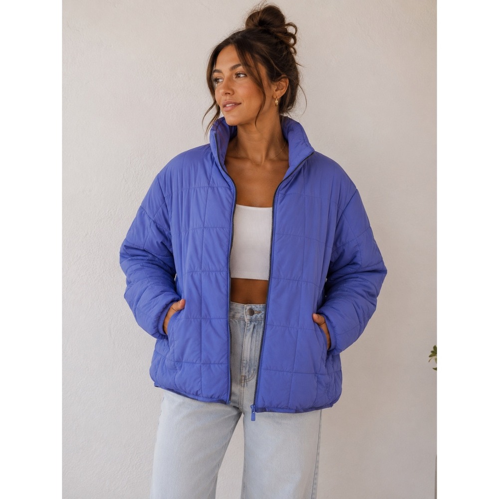 Roxy Womens Periwinkle Blue Quilted Puffer Jacket Stand Collar Full Zip Medium